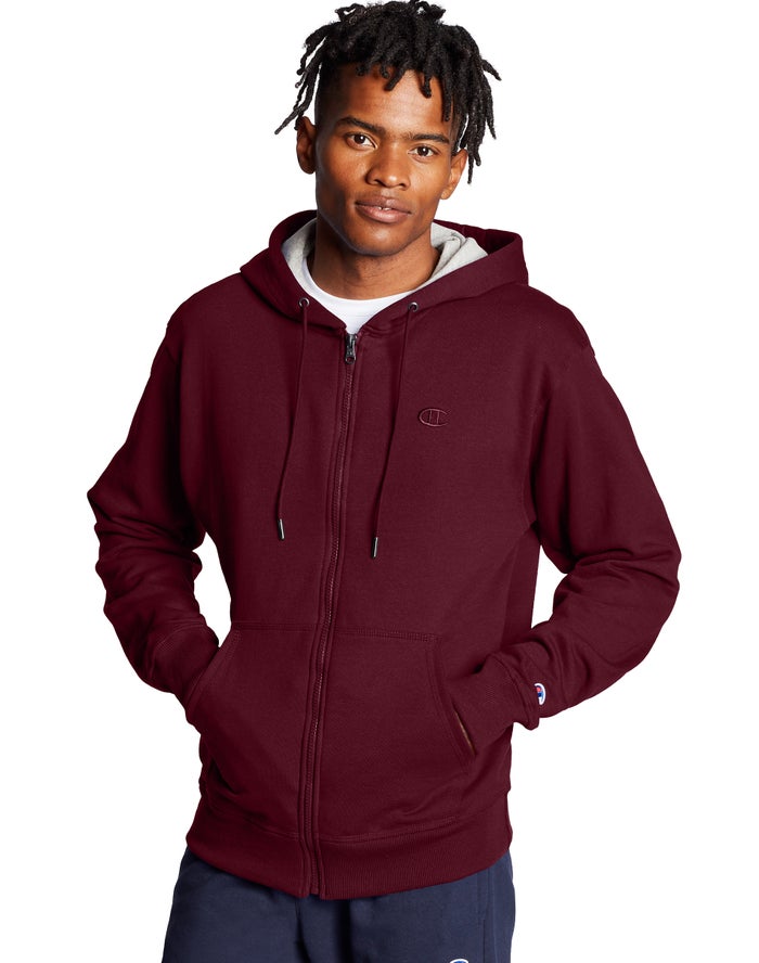 Champion Mens Hoodie NZ - Powerblend Fleece Full Zip C Logo Dark Red ( 6048-UIFEJ )